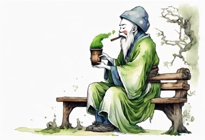 a kodama with a long moss beard wearing a medieval tunic drinking from a wood cup, sitting on a bench laughing tattoo idea