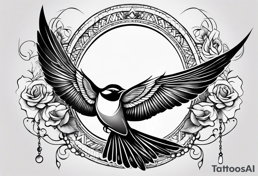 Swallow with rosary on its legs tattoo idea