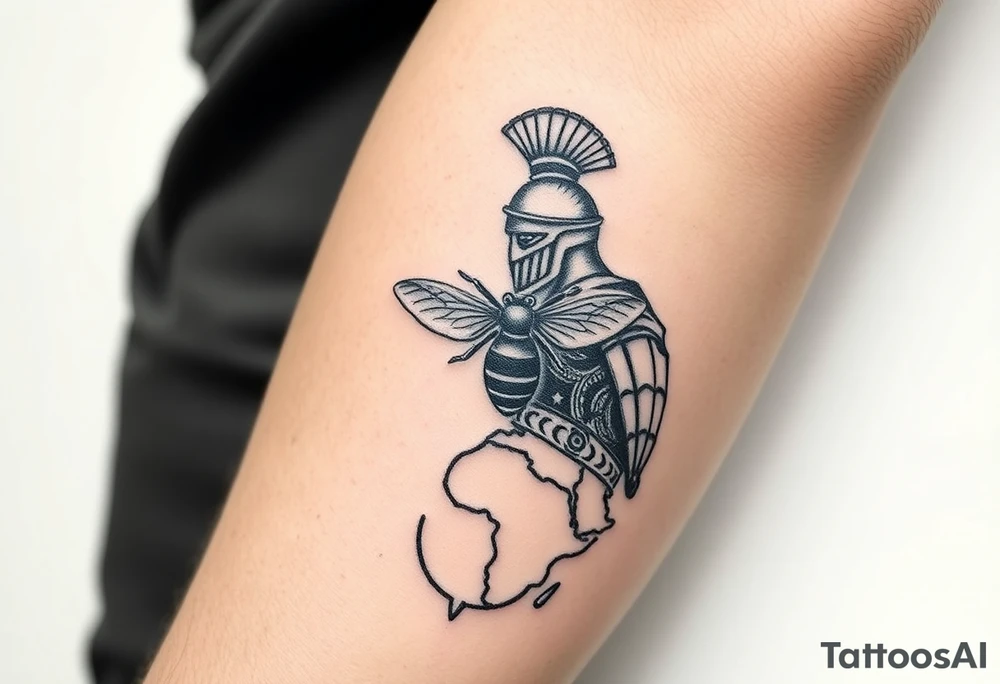 Imaginez un tatouage ou ont peut voir des éléments architecturaux de Rome, comme le Colisée, un gladiateur avec une abeille sur le bouclier Enfin, dans le coin inférieur de l'image une carte de la centre Afrique et la grenade  de la cavalerie tattoo idea