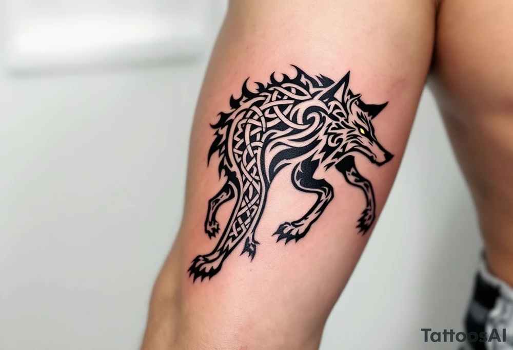 Celtic Wolf with Ogham Script – Gray wolf walking forward, Celtic knots along its spine, and ancient Ogham runes in dark brown along its legs. tattoo idea