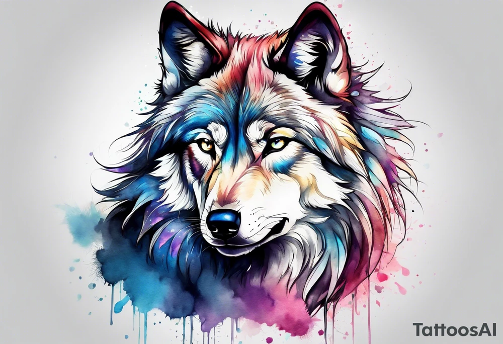 Fluffy wolf sitting upright tattoo idea