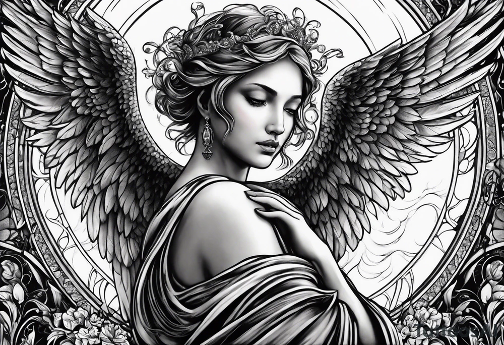 Birth date of my son, touch of god, angels, wife hands, full outside sleeve tattoo idea
