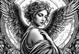 Birth date of my son, touch of god, angels, wife hands, full outside sleeve tattoo idea