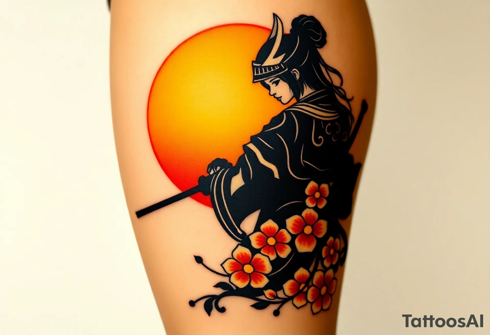 noble female samurai warrior silhouette at sunset with flowers, yellows and reds tattoo idea