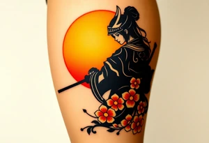 noble female samurai warrior silhouette at sunset with flowers, yellows and reds tattoo idea