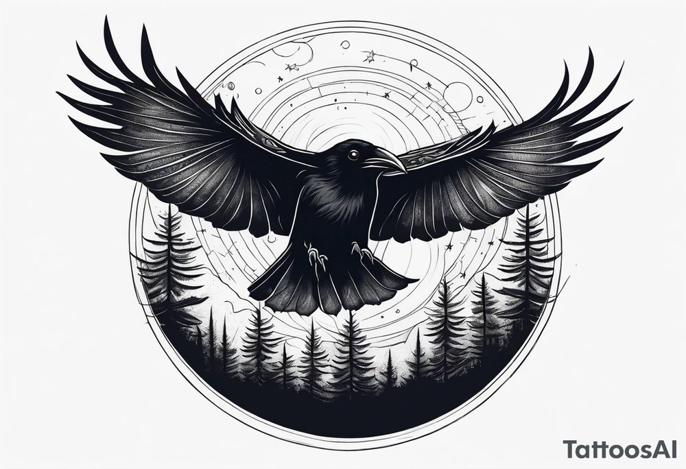 Raven flying, occult, mystical, knowing, light behind its eyes, ethereal, night sky and trees in the background tattoo idea