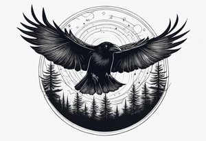Raven flying, occult, mystical, knowing, light behind its eyes, ethereal, night sky and trees in the background tattoo idea