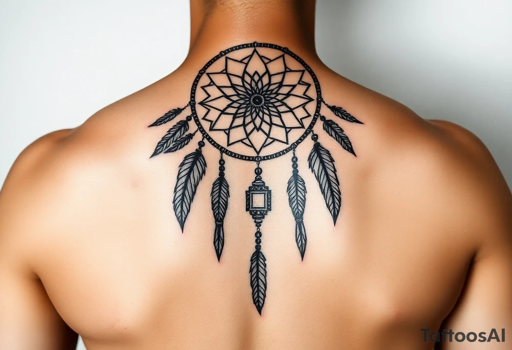native dreamcatcher with flowing feathers and sacred beads tattoo idea