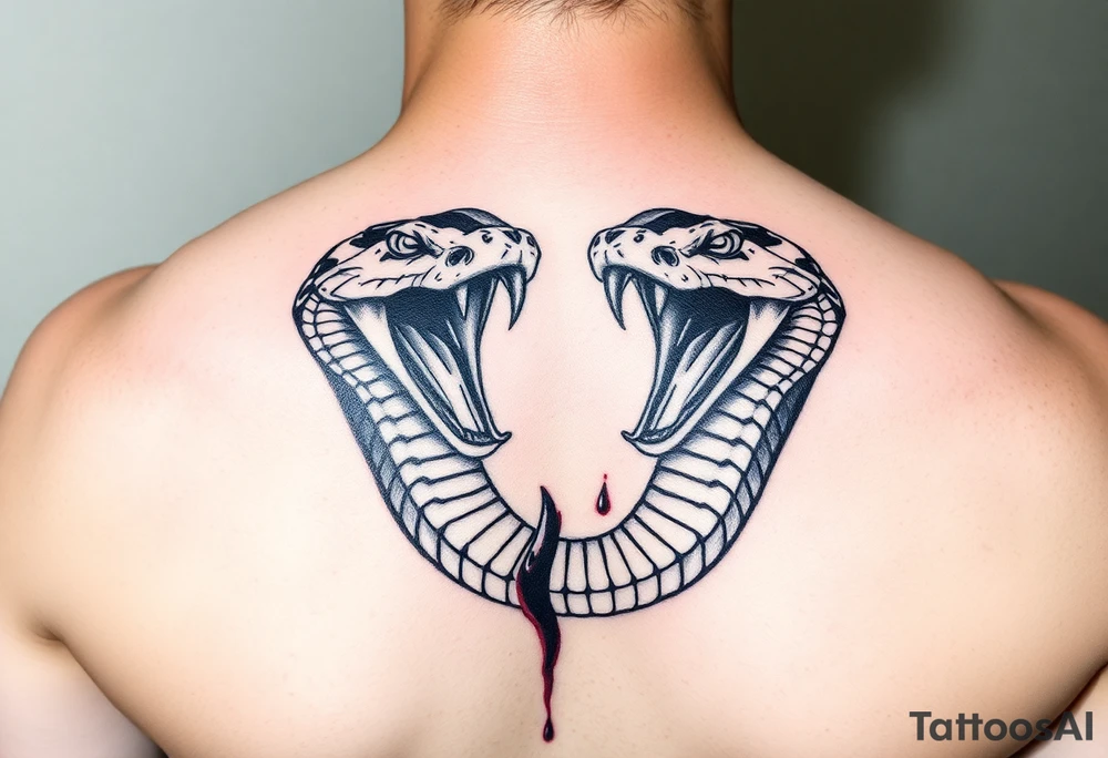 A 2 Headed snake 1 dominate 1 and the other bigger and scarier both heads giant fangs out 1 head pulling away so hard there’s blood on the neck where the 2 heads split its 2 fierce baby cobra heads tattoo idea