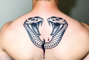 A 2 Headed snake 1 dominate 1 and the other bigger and scarier both heads giant fangs out 1 head pulling away so hard there’s blood on the neck where the 2 heads split its 2 fierce baby cobra heads tattoo idea