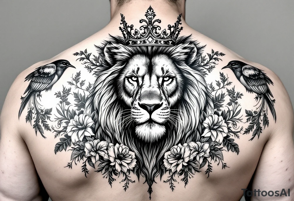 powerful majestic lion with a crown, surrounded by floral ornaments and birds tattoo idea