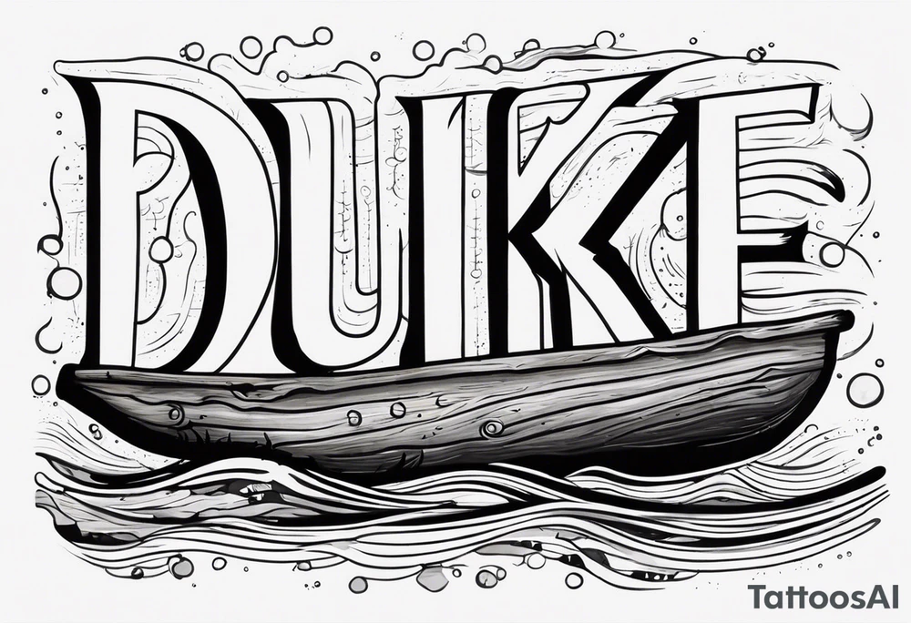 piece of driftwood underwater with the word duke written in the wood tattoo idea