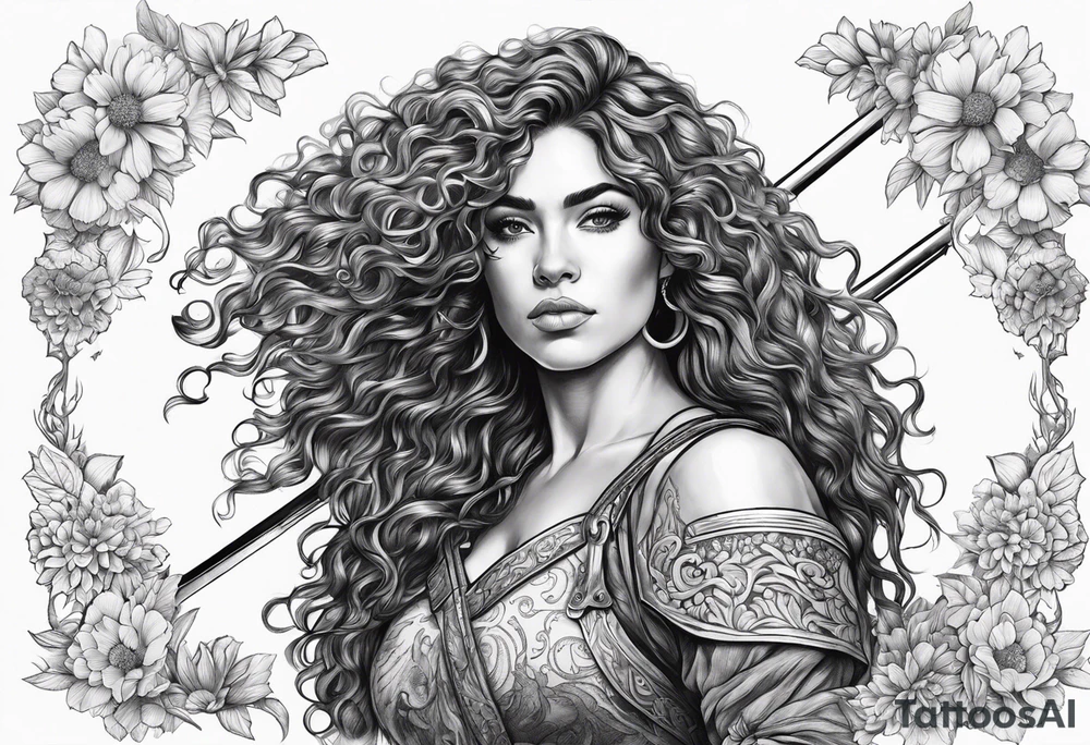 Spanish woman valkyrie curly hair half with sword sleeve arm wildflowers tattoo idea