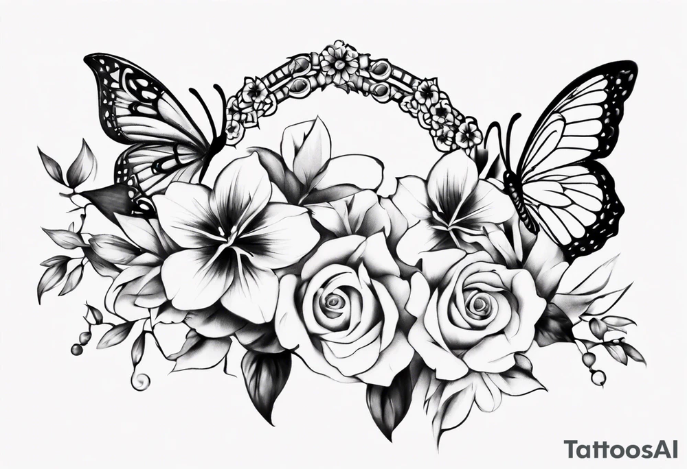 Ankle bracelet tattoo with flowers and butterflies tattoo idea