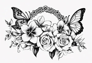 Ankle bracelet tattoo with flowers and butterflies tattoo idea