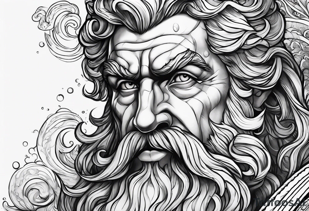 poseidon with waves close up tattoo idea