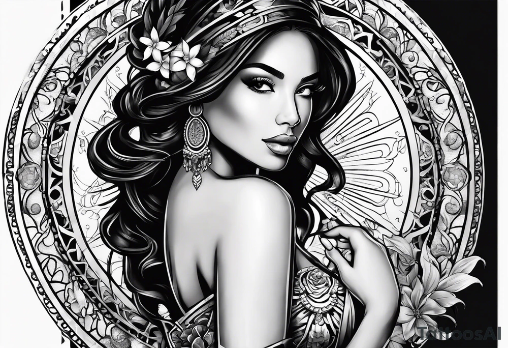 Hispanic/ Latin  goddess, love, forgiveness, strength, peace, cancer sign , time, past, future tattoo idea
