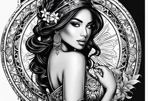 Hispanic/ Latin  goddess, love, forgiveness, strength, peace, cancer sign , time, past, future tattoo idea