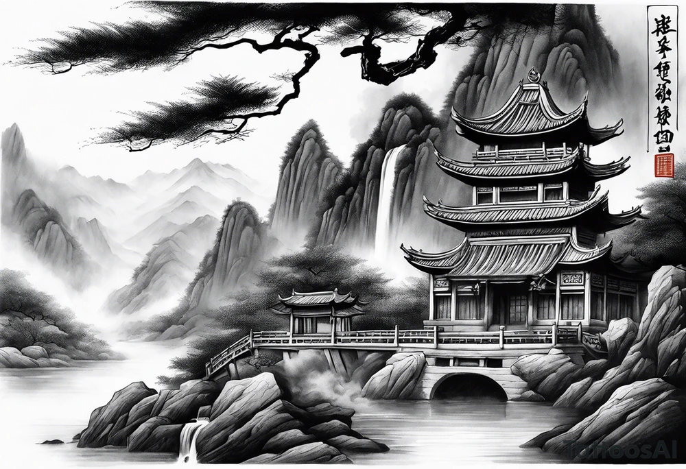 forearm sleeve traditional chinese art painting Chinese temple two old philosophers wearing robes and drinking tea mountains mist fog waterfall tattoo idea