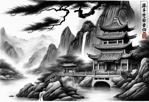 forearm sleeve traditional chinese art painting Chinese temple two old philosophers wearing robes and drinking tea mountains mist fog waterfall tattoo idea