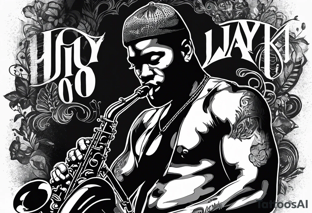 Muay Thai boxer with strong body is playing jazz on a Selmer tenor saxophone in an American jazz club front of a new orleans jazz trio band. The music notes are coming out from the saxophone and turning into buddhist symbols. tattoo idea