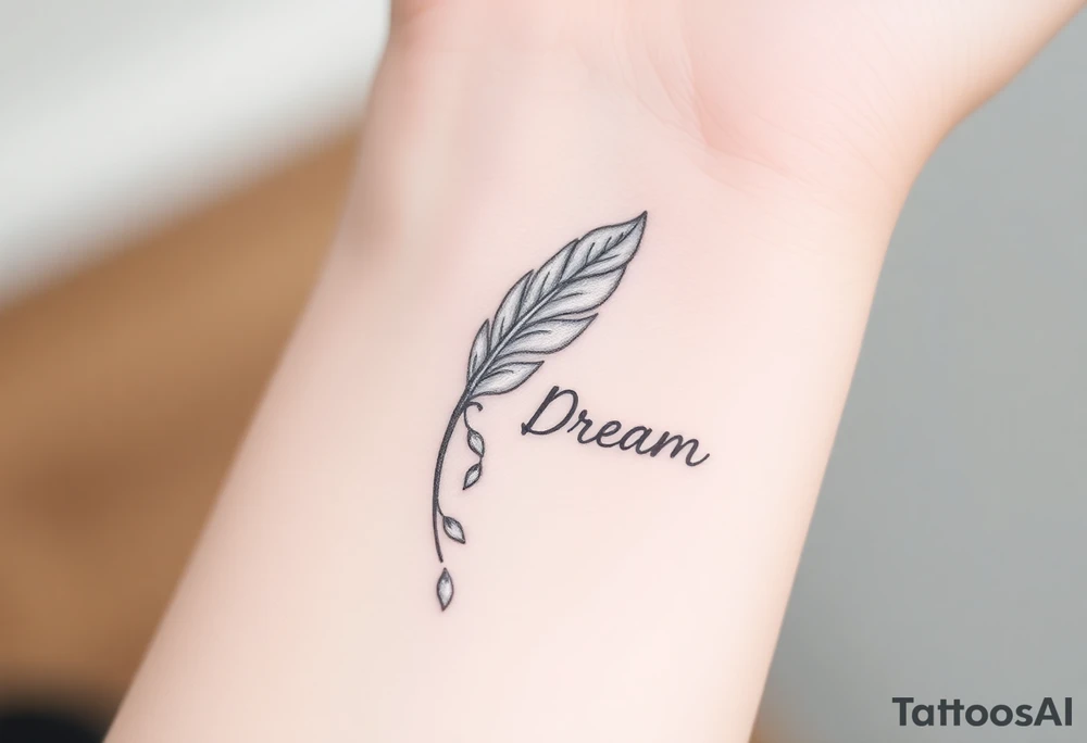 A delicate silver and white feather with tiny falling petals, with the word "Dream", representing a love that feels ethereal and magical. tattoo idea