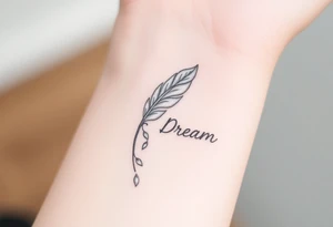 A delicate silver and white feather with tiny falling petals, with the word "Dream", representing a love that feels ethereal and magical. tattoo idea