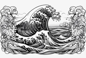 Full sleeve with Blues and blacks, waves, fish, representing struggle, determination tattoo idea