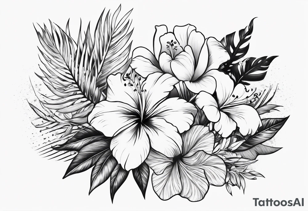 Hawaiian flowers in a straight line with words in middle tattoo idea