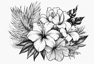 Hawaiian flowers in a straight line with words in middle tattoo idea