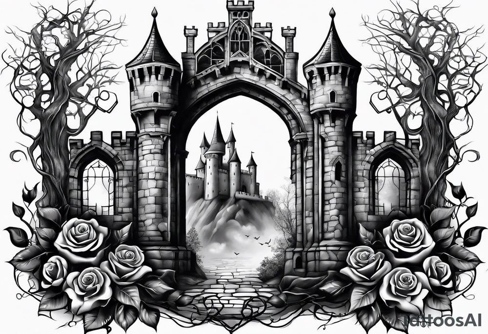 tattoo fool sleeve, old broken gothic castle, tree roots break out of the chains, roses tattoo idea