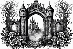 tattoo fool sleeve, old broken gothic castle, tree roots break out of the chains, roses tattoo idea