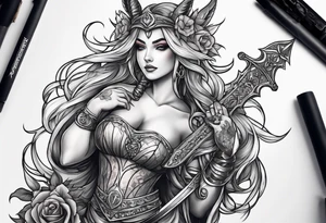 A feminine mythical creature animal holding a weapon tattoo idea