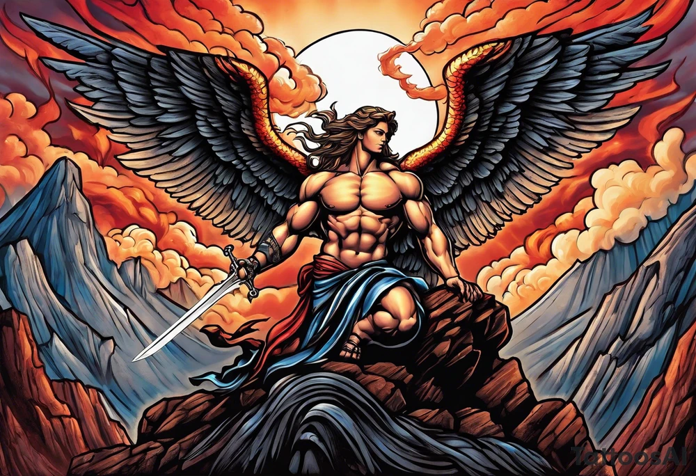 Michael the Archangel standing on top of the devil laying on rock over hot lava.  Clouds and lightning in background. tattoo idea