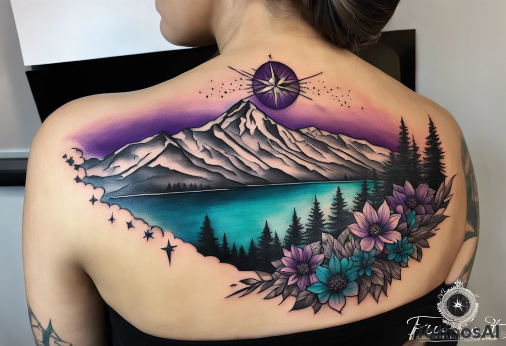 half sleeve tattoo on my shoulder. It features pikes Peak mountain, with a compass rose rising up from behind the mountain like a sunrise. In front of the mountains, there are purple and teal flowers. tattoo idea