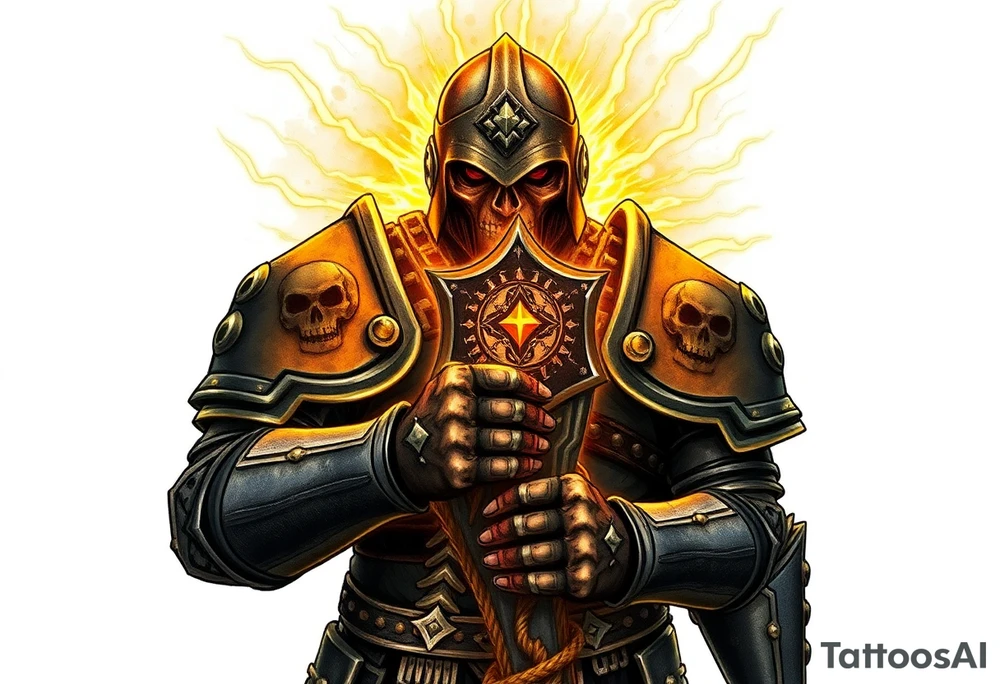 Warhammer, the Old World. A warrior priest of Sigmar holding The Warhammer of Sigmar. The Warhammer of Sigmar is radiating thunderous energy. The Warhammer is held by the warrior priest with both hands at the shaft with a firm grip in order to contain its unlimited energy, upon his chest level. The Warrior priest is wearing dark alloyed heavy armour (reference armor from warhammer vermintide 2 Victor Saltzpyres, the warrior priest of Sigmar class) with skull sigils on his shoulder pads. The warrior priest is wearing a helmet, while the helmets front visor has an humanoid face covering. The helmet and armour are gladened with hints of gold and crimson red. The Warhammer is silverish and golden with a long shaft with twisted carvings. tattoo idea