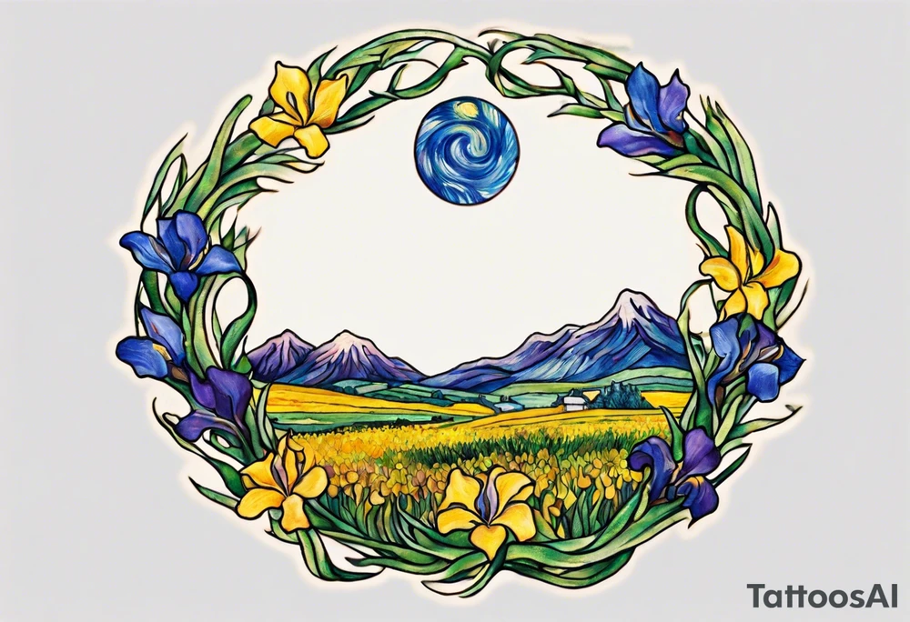 Create a small, colorful Vincent van Gogh Irises tattoo in the form of a crescent, with vines gracefully intertwining at a central point in the middle of the wreath. The intended placement is on the upper chest. The middle needs mountains. The overall design should be small in size while maintaining a delicate and artistic aesthetic. Pay attention to the graceful flow of the vines and the placement of the irises to achieve a refined and elegant look. tattoo idea