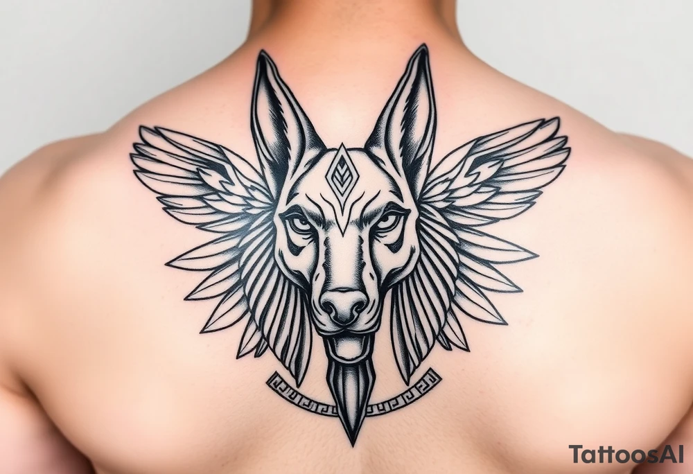 Egyptian Anubis god face muscle in Egypt style dog face surrounded Egyptian symbols tattoo idea