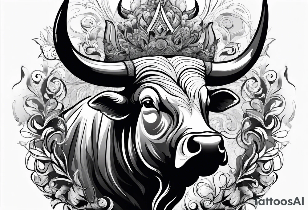 Large bull with horns busting through crowd of people tattoo idea