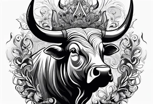 Large bull with horns busting through crowd of people tattoo idea