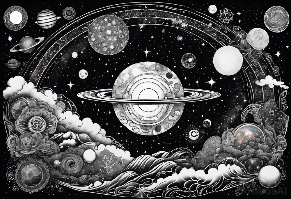 A tattoo featuring a cosmic scene with planets, black holes, and supernovae intertwined with intricate linguistic symbols, reflecting the client's interests in cosmology and linguistics. tattoo idea