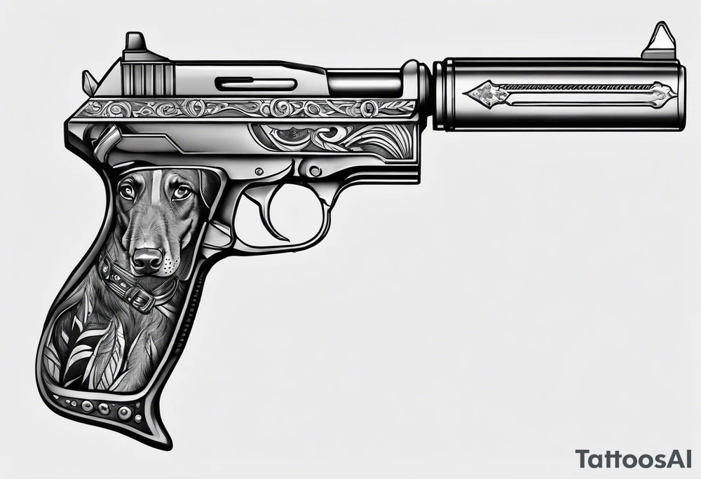 Doberman holding a gun tattoo idea