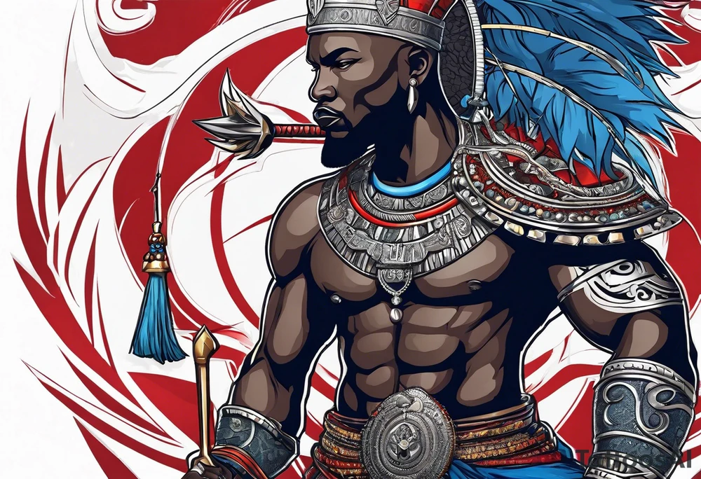 An african god, a bald warrior, that uses a sword and a silver crown. He also uses blue and red necklaces tattoo idea