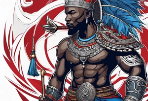 An african god, a bald warrior, that uses a sword and a silver crown. He also uses blue and red necklaces tattoo idea
