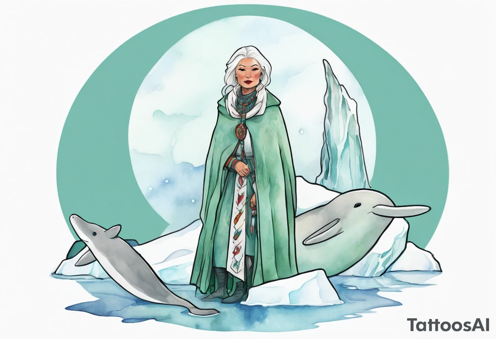 a 45-year-old Sami woman with white  hair wearing a white and mint cloak standing on an iceberg with one narwhal in the background tattoo idea