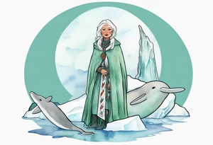 a 45-year-old Sami woman with white  hair wearing a white and mint cloak standing on an iceberg with one narwhal in the background tattoo idea