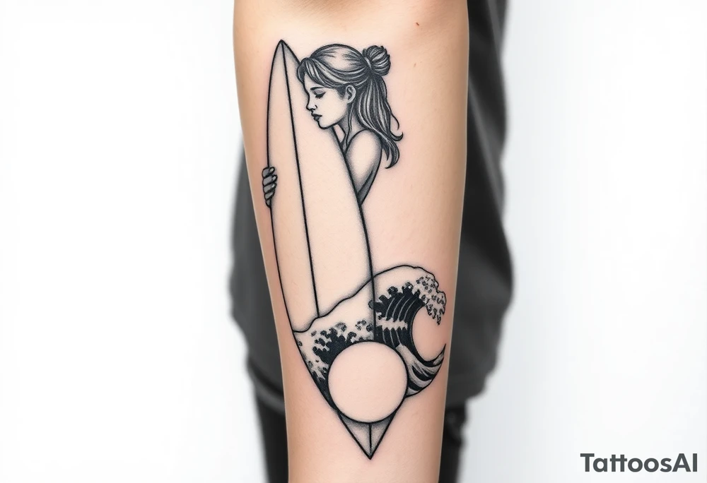 New school geometrical concept tattoo with the girl holding surfboard in a vertical position her face is turned 60 degrees to out side, the bottom part of a body is showed, on the right side of a tattoo is the realistic wave closed in a frame. And the bottom of a taro is a palenesiab sun. Link the objects based on new school geometry tattoos. tattoo idea