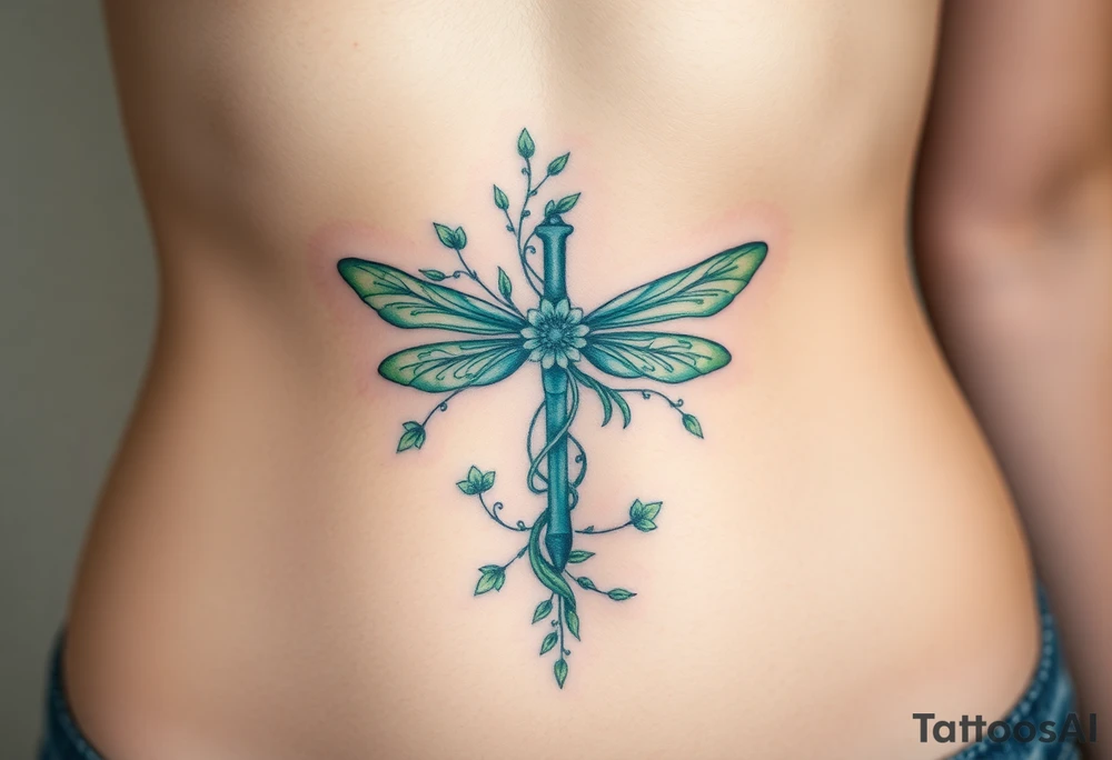 A cross made of twisting vines and flowers, with dragonfly-like wings in shades of teal and green tattoo idea