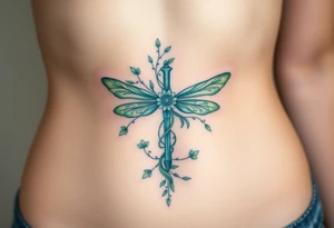 A cross made of twisting vines and flowers, with dragonfly-like wings in shades of teal and green tattoo idea