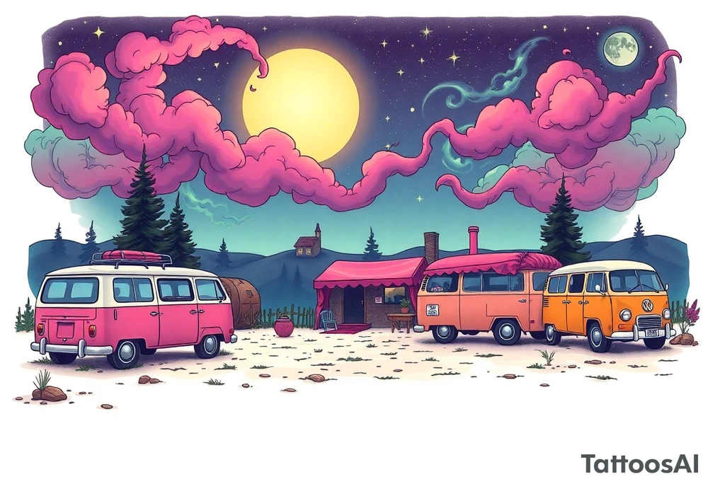 Tim Burton’s hippie commune outside view has lots of cute pastel volkswagon vans and cars  and dripping with muted reds, dusty pinks, and eerie green glow purple and cyan smokey clouds swirl and dance in the moonlit night sky filled with twinkling stars  tattoo idea tattoo idea